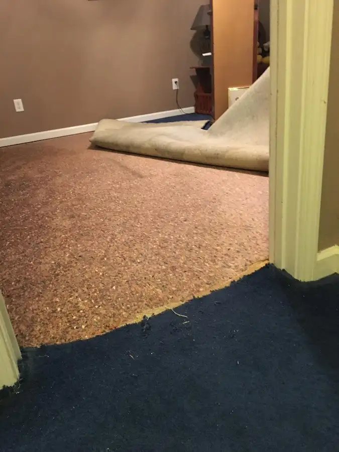 Carpet pad removal revealing water damage during Water Mitigation Services in Johnson Lane